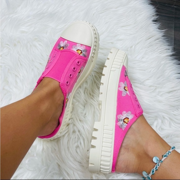Pink canvas embroidered flower open back slip on chunky sneaker - Picture 1 of 5